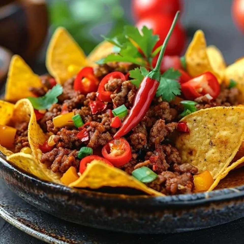 A close-up of nachos with seasoned ground beef, red peppers, green onions, and a red chili.