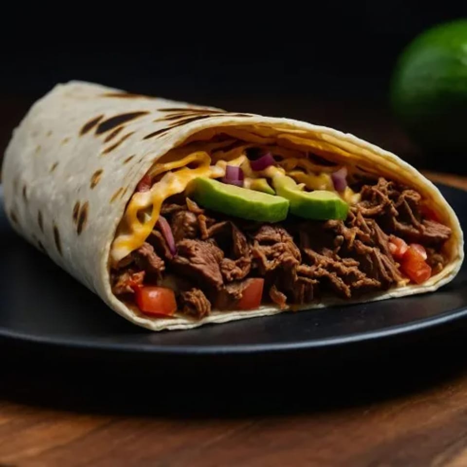 A large, open-faced Taqueria El Paisano burrito filled with meat, cheese, avocado, and vegetables.